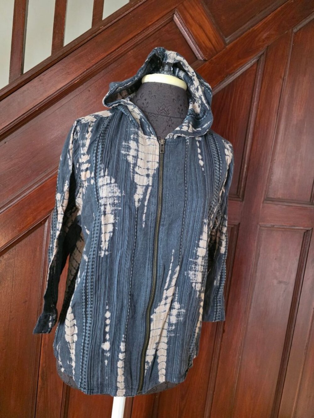 Coldwater Creek Womens Tie-Dye Hooded Zip Jacket M Blue & Beige Cotton Blend